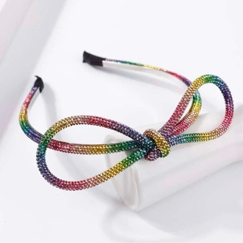 Sparkle in Style: Stunning Rainbow Rhinestone Bow Headband 🎀 Brand New! - Picture 2 of 4